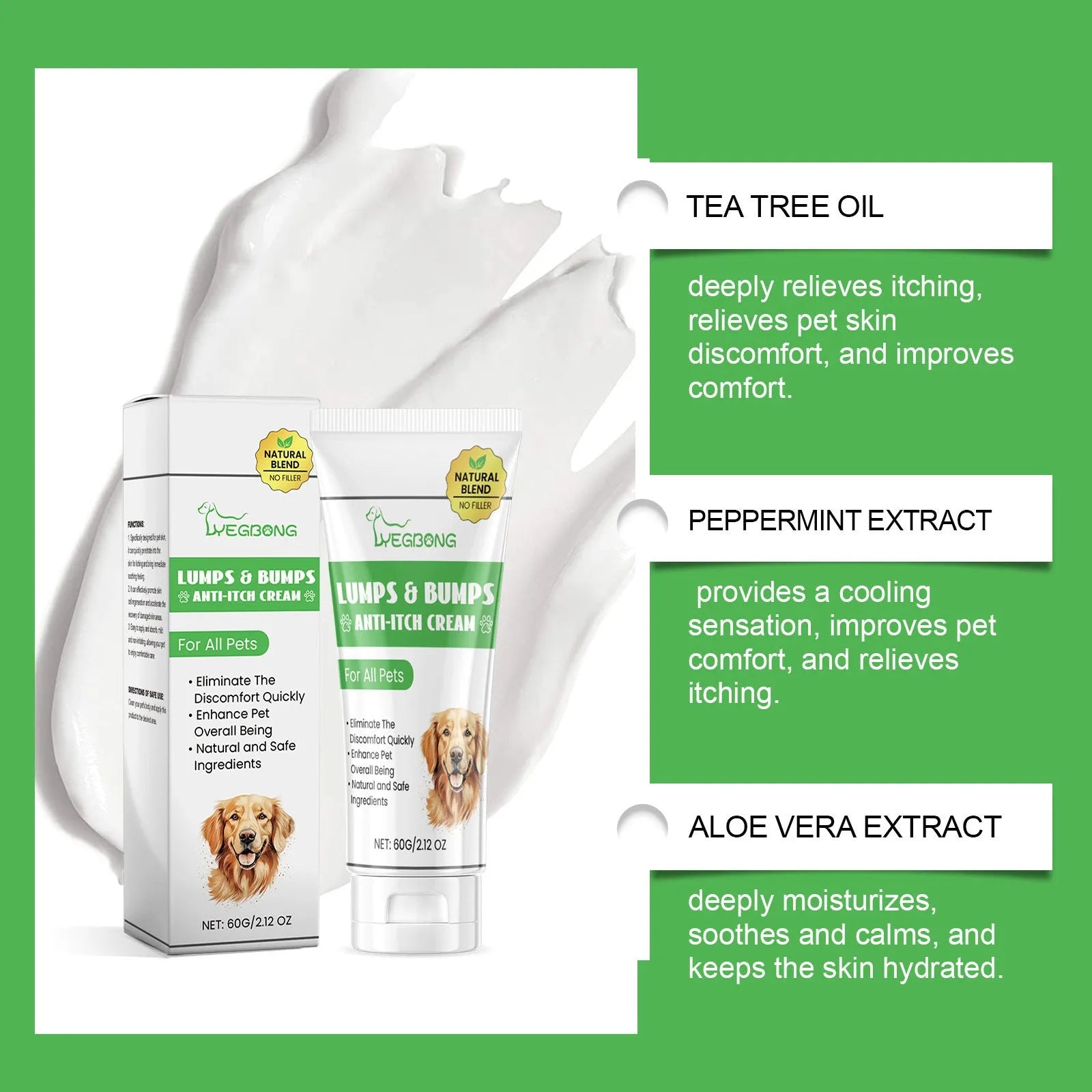 60g tube of pet antipruritic cream for cats with tea tree oil and aloe vera extracts