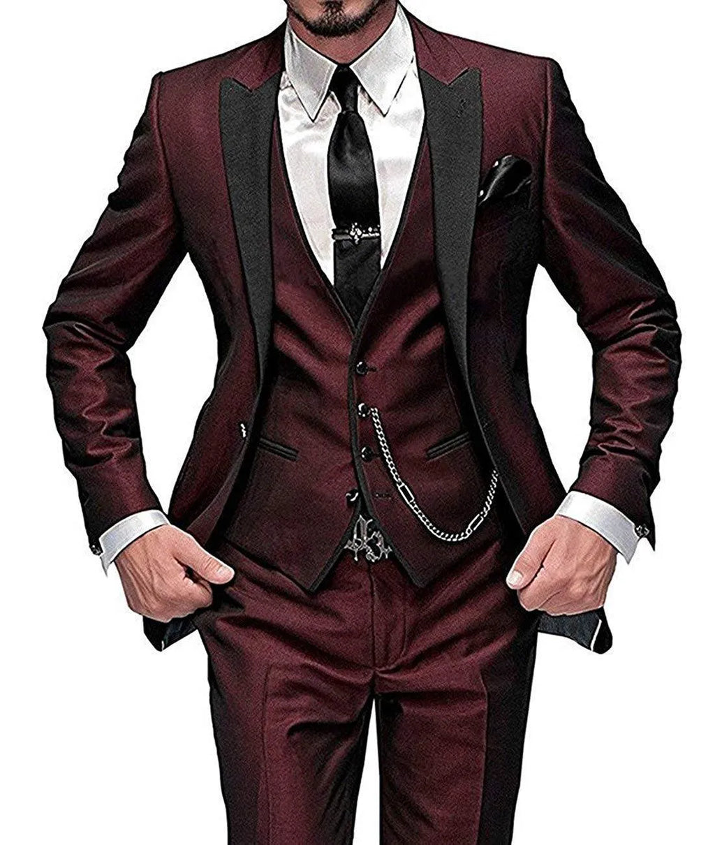 Men's three-piece wine red wool serge suit with slim fit, includes waistcoat, coat, and trousers