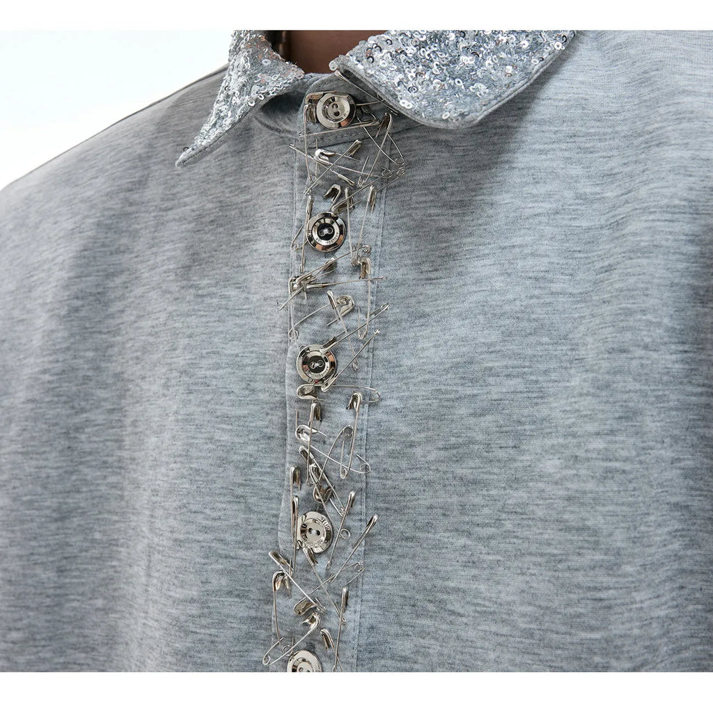 Black sequined square neck short sleeved shirt with loose fit and metal decoration details