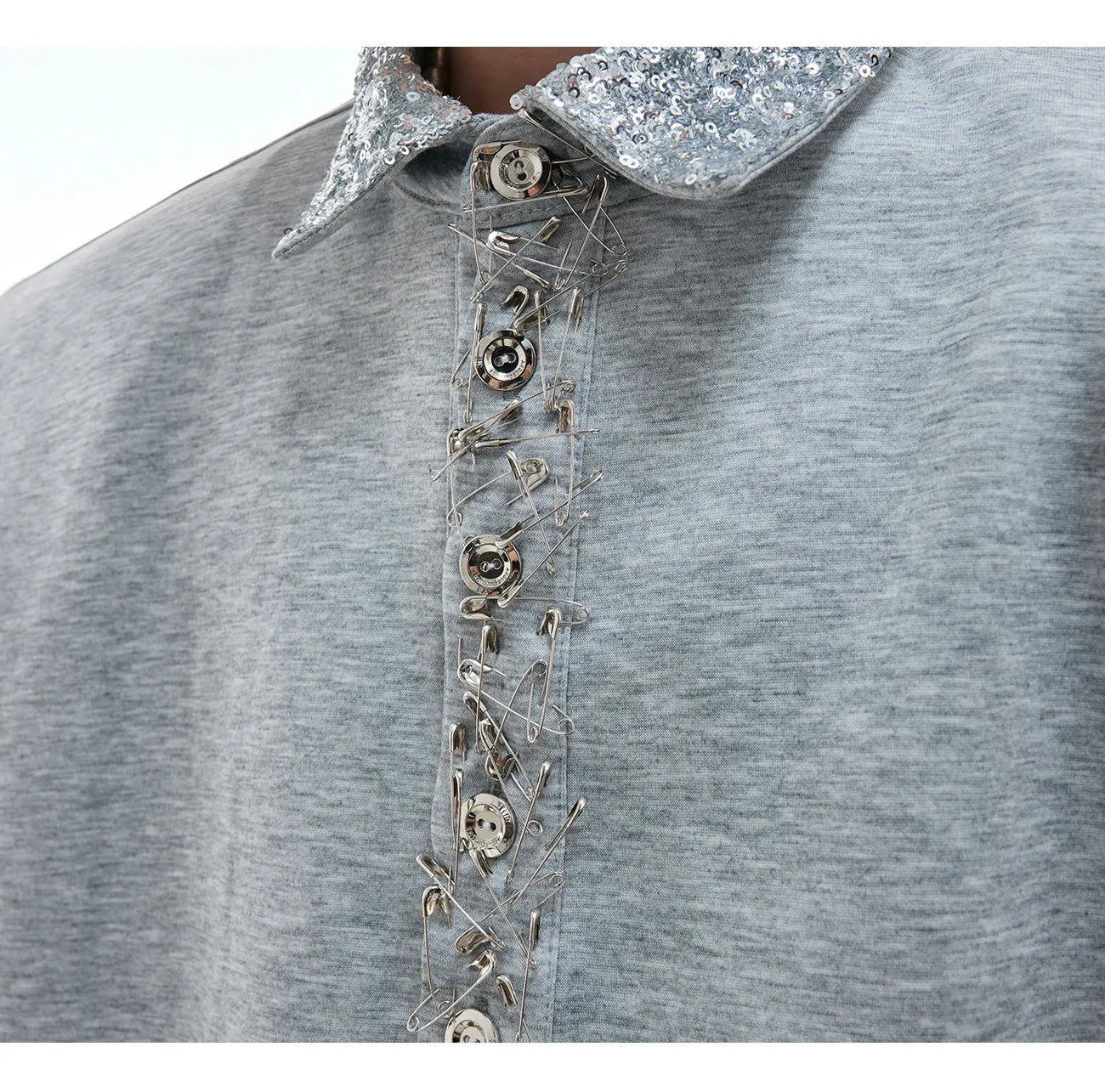 Black sequined square neck short sleeved shirt with loose fit and metal decoration details