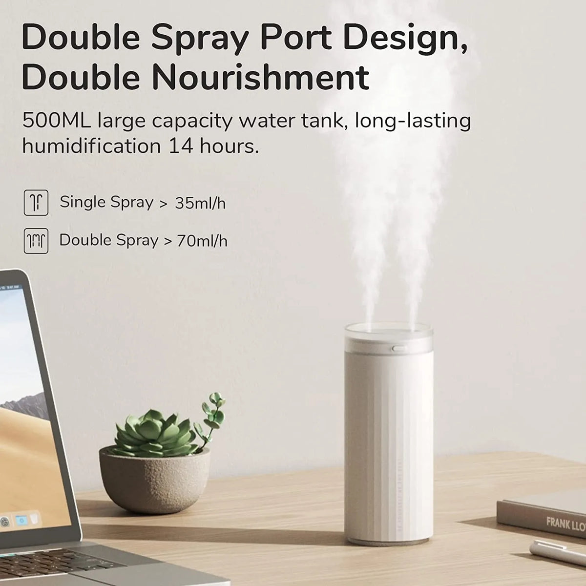 500ml desk humidifier with night light, two fog outlets, USB and car power, in Earth Brown, Coral Pink, or White.
