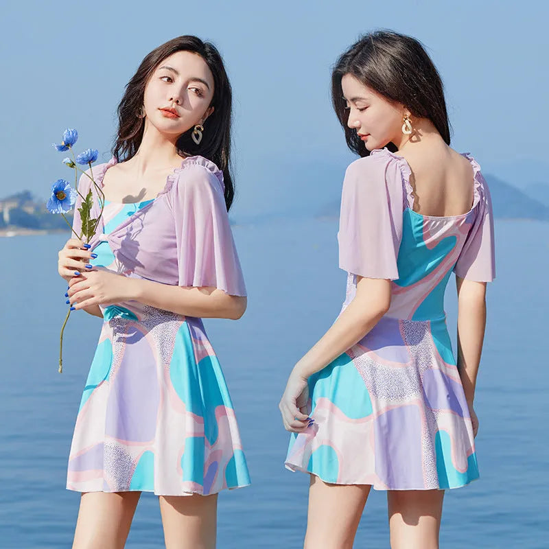 Women's floral high-waist one-piece swimsuit in light purple or light blue pattern