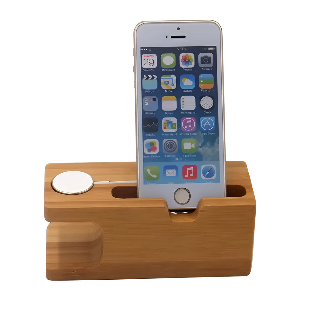 Bamboo watch and smartphone stand with carved details measuring 149mm