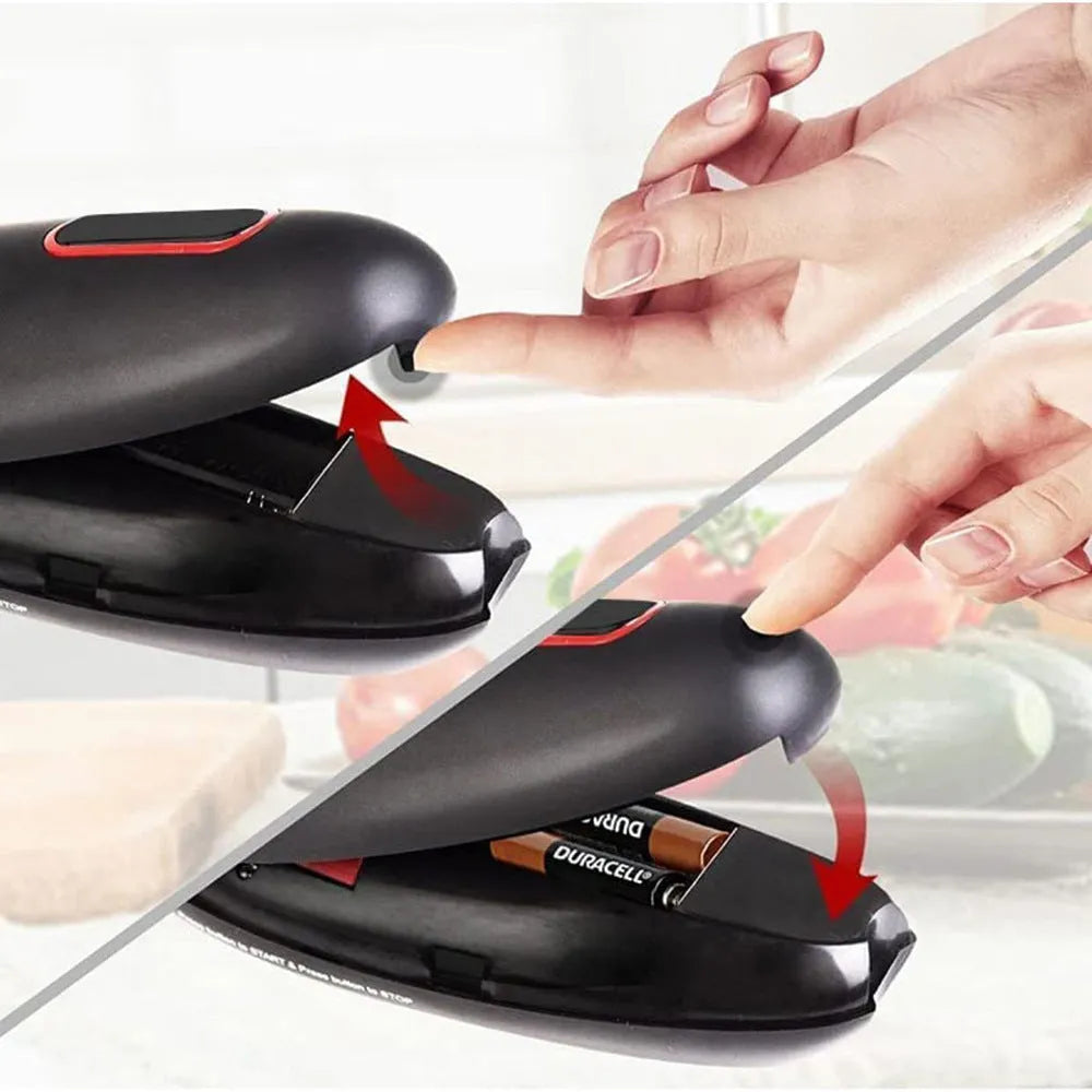 Black electric can opener with compact plastic design and battery compartment