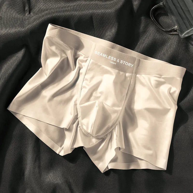 Men's ice silk underwear in mid waist design showing satin fabric texture