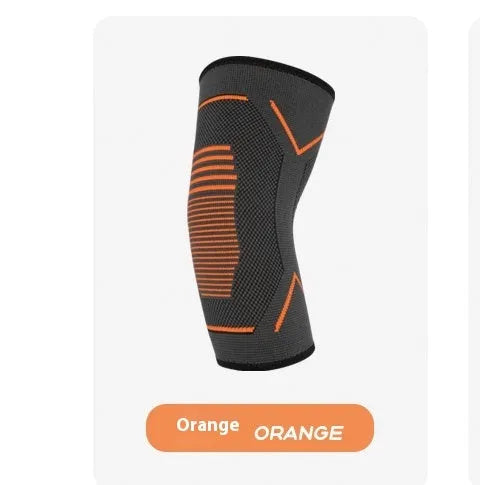 Grey knit elbow pad with coloured stripes for sports and fitness protection, shown on arm