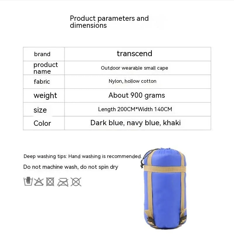 Outdoor cloak sleeping bag wearable as cape with nylon fabric measuring 200x140cm
