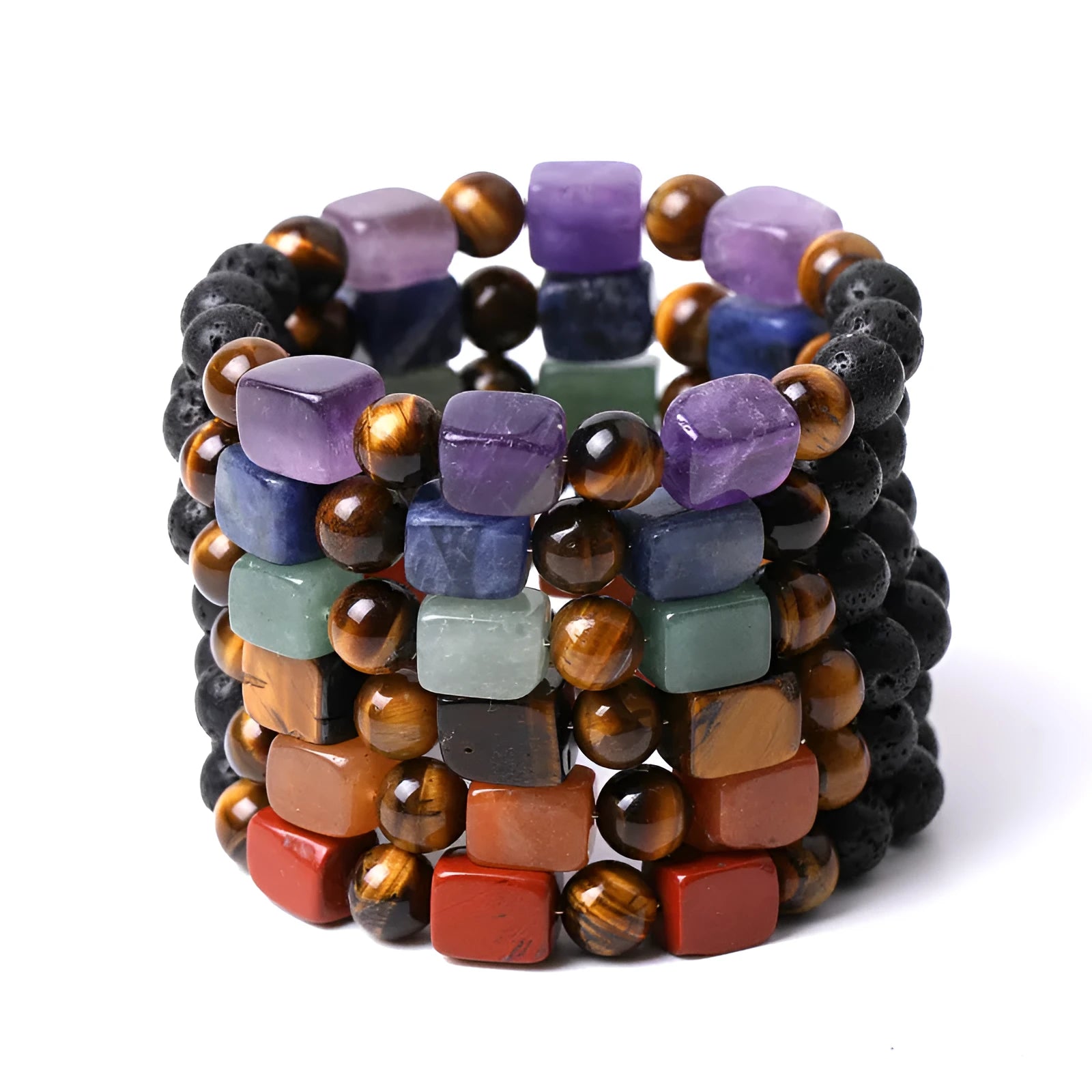 Handmade geometric stone bracelet with square amethyst, white crystal, and colourful volcanic stones