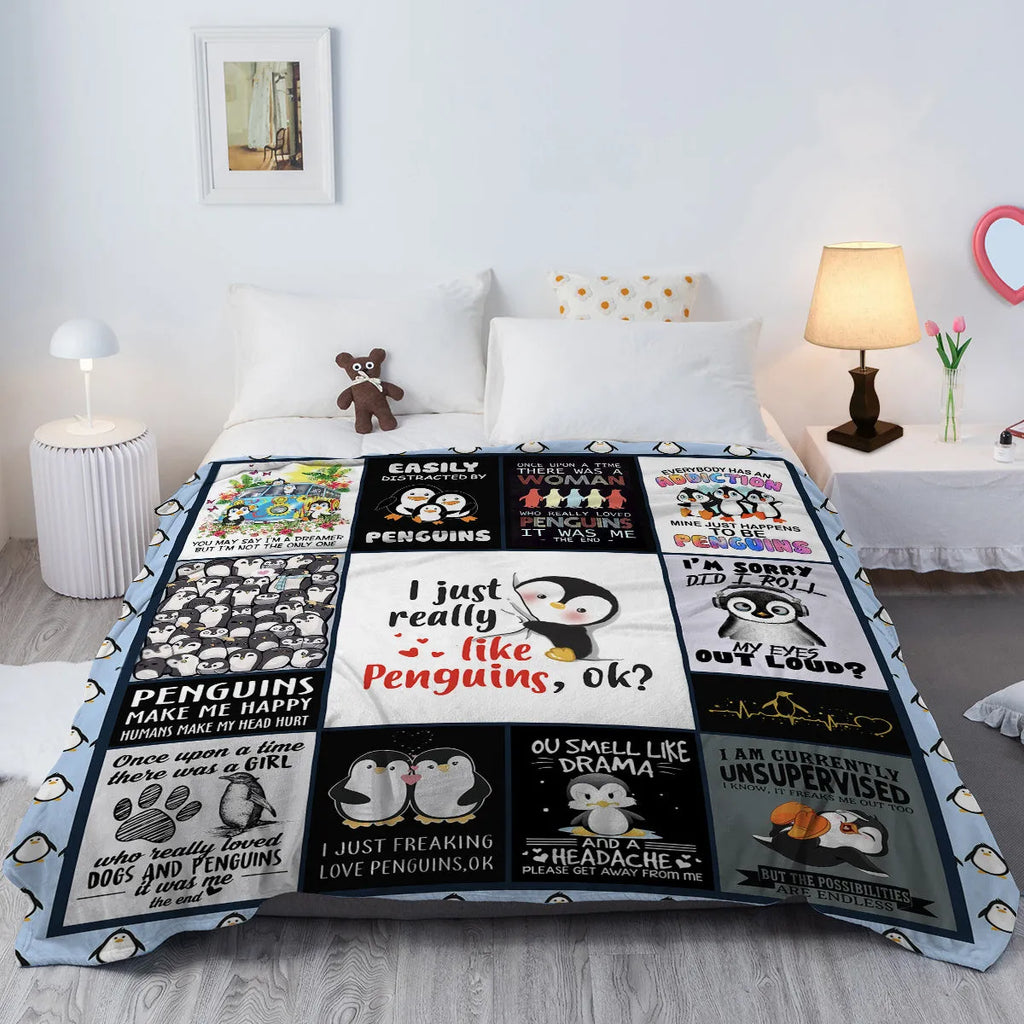 Multicolored flannel velvet blanket with penguin patterns, 130x150cm, on a sofa