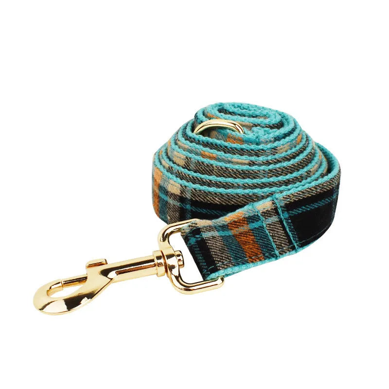 Retro green four-piece dog set showing collar, leash, vest, and decorative bow on a white background.