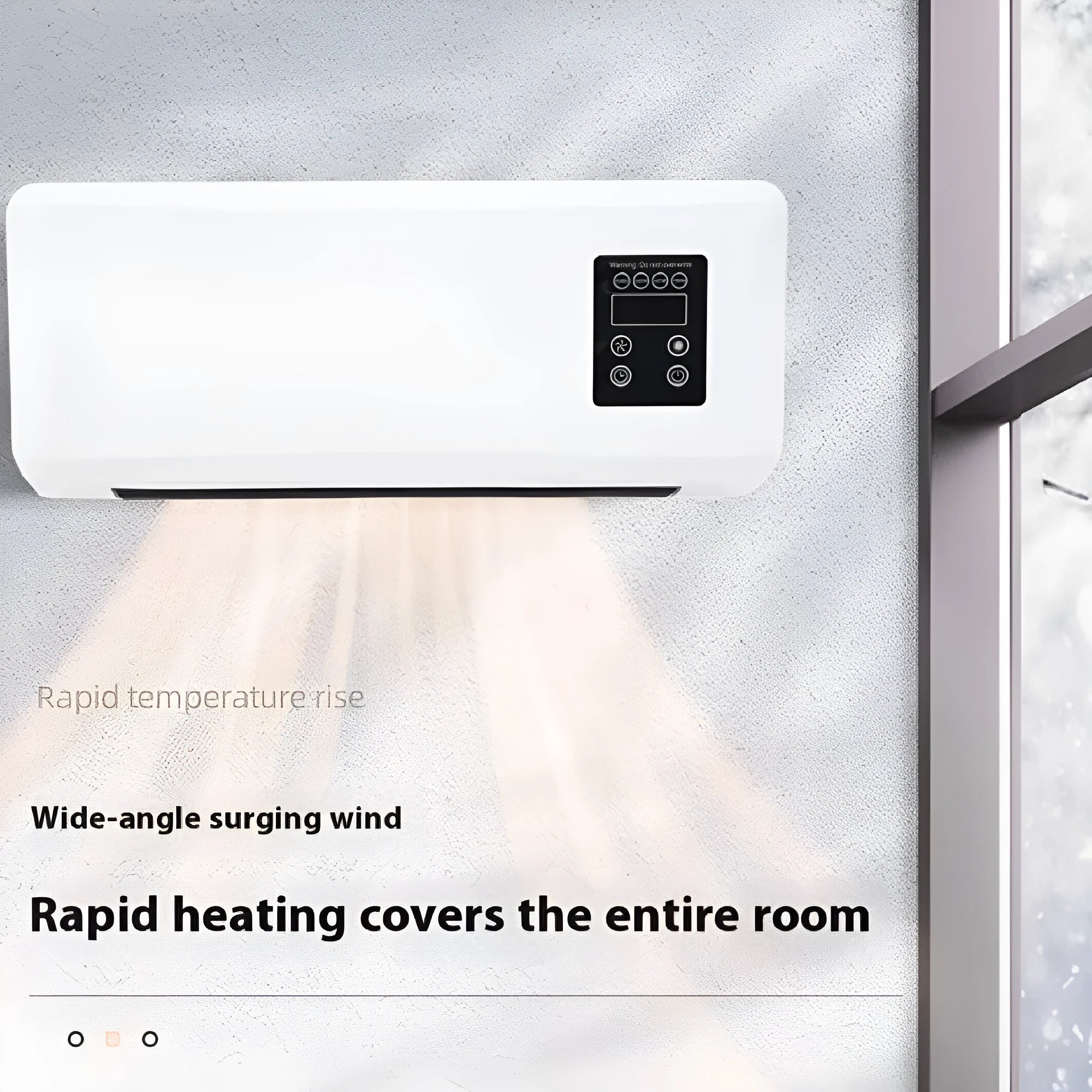 White wall-mounted warm air blower bathroom heater with digital temperature control, 42x18x12cm