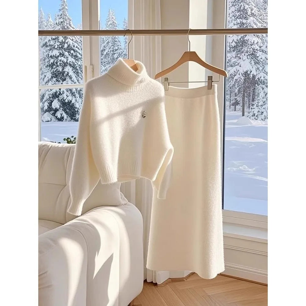 White knitted sweater skirt suit for women with long sleeve top and long skirt, solid colour stitching, sizes S to 3XL.