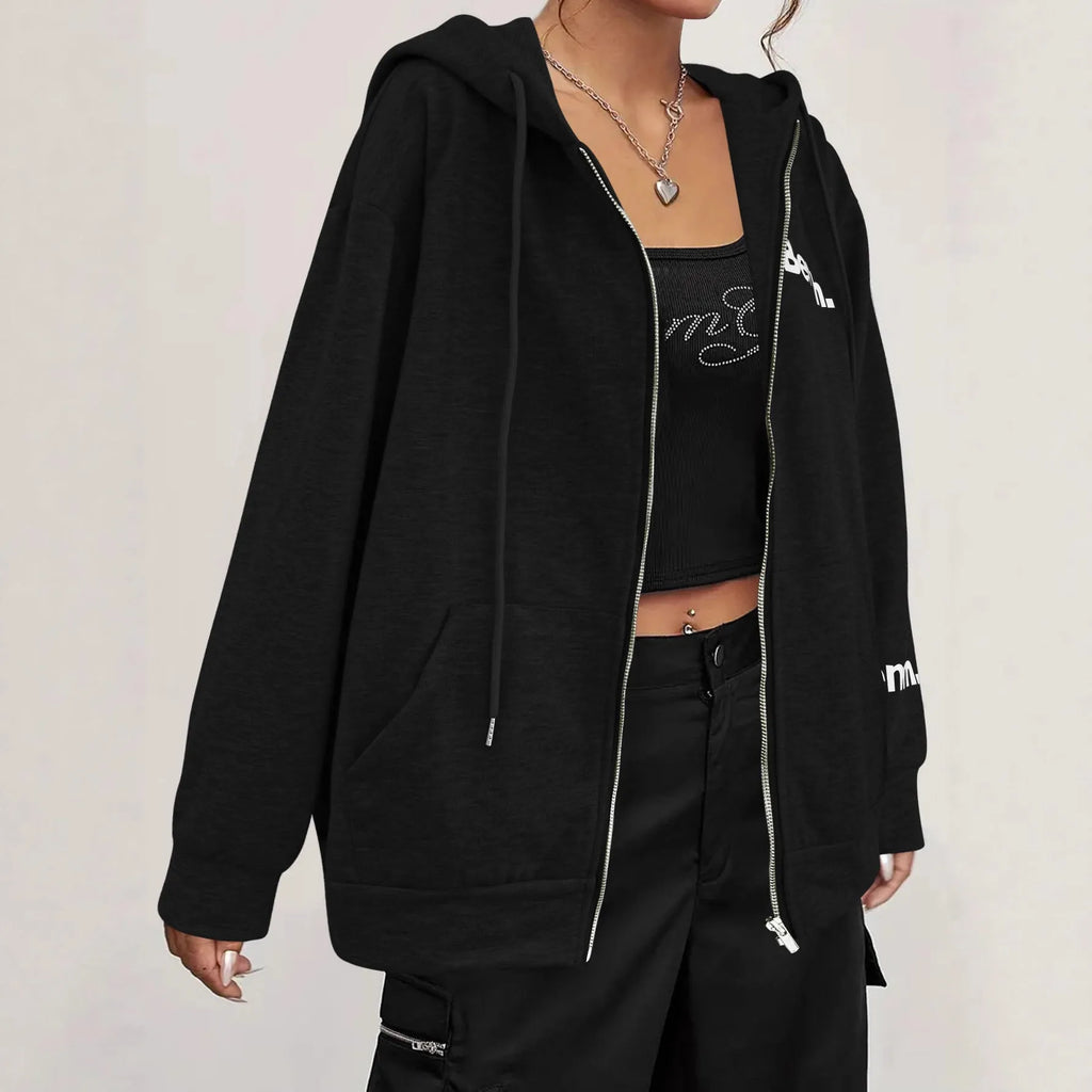 Loose fit grey polyester sweater coat with front zipper, hood, and letter print detail