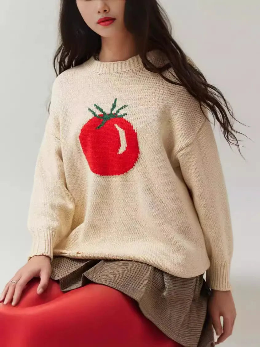 Milky white women's loose-fitting acrylic sweater with jacquard pattern and long sleeves.