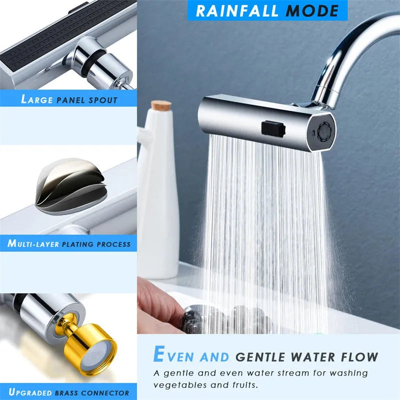 Kitchen faucet waterfall outlet connector with rotating bubbler and electroplated finish