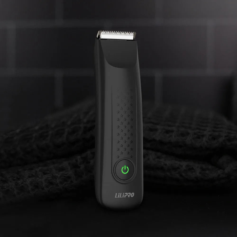 Black men's body hair shaver with ceramic blade and two-way limit comb on a white background