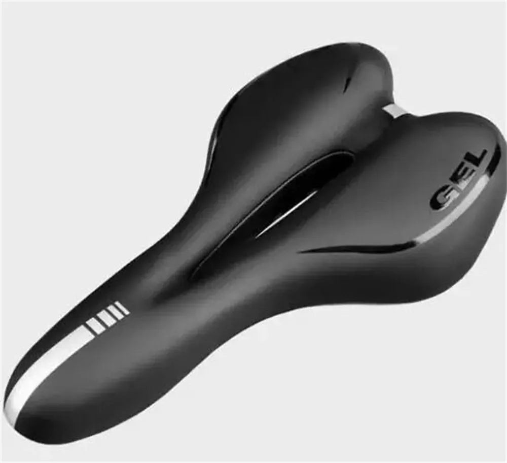 Thickened soft silicone bicycle saddle cushion with PU leather cover, shown with a waterproof cover and repair tools.