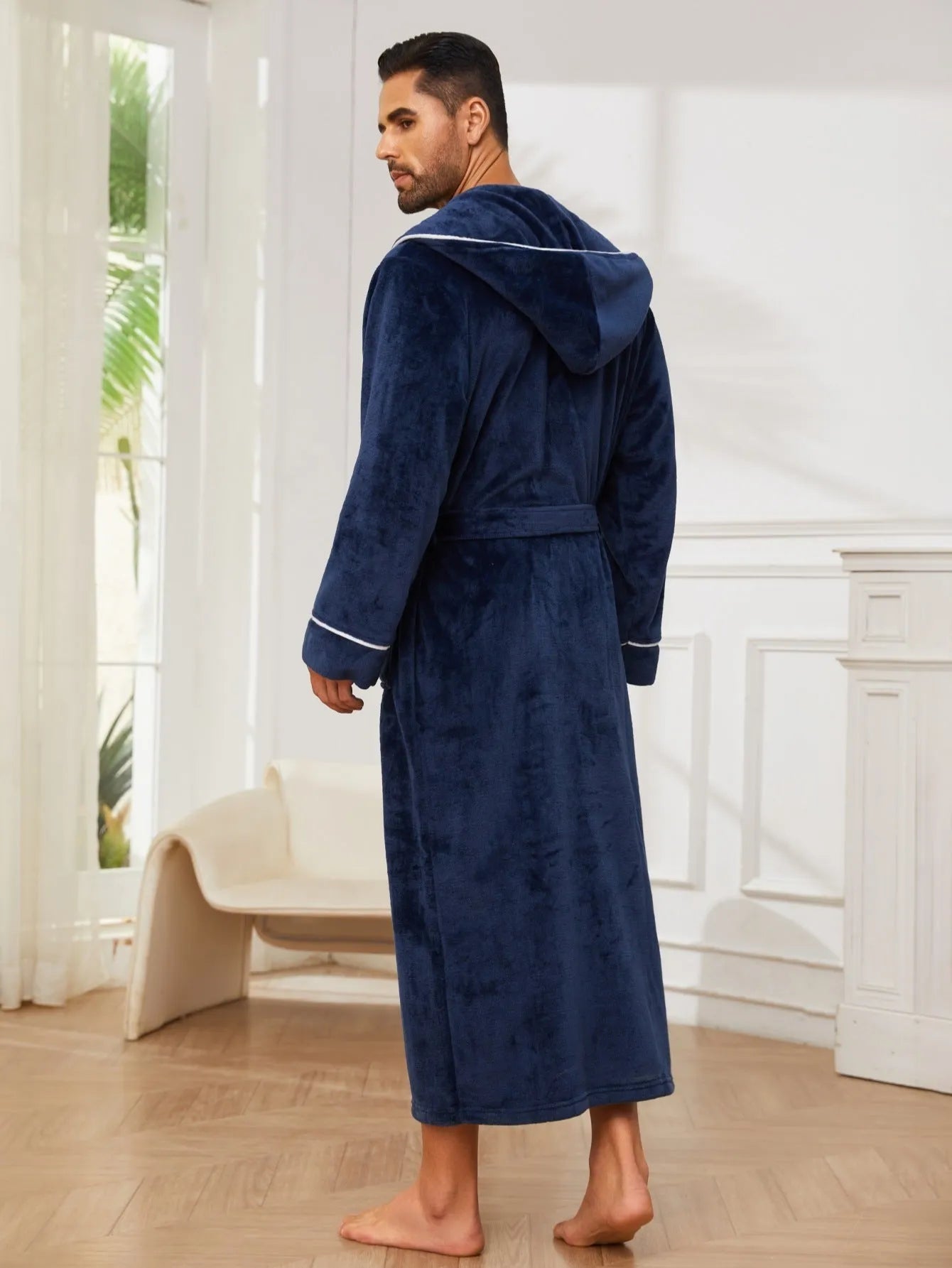 Men's flannel bathrobe in light grey, dark blue, or black polyester for winter