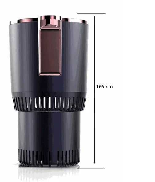 Black 2-in-1 car cup holder with digital temperature display showing heating and cooling functions for vehicle use