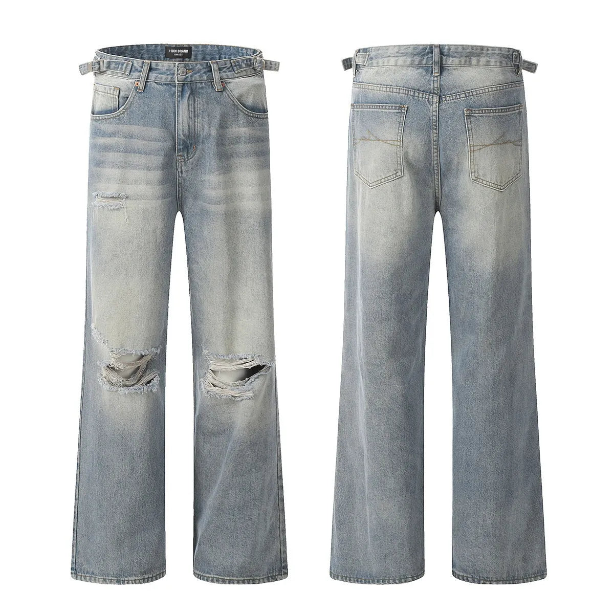 Blue straight-leg men's jeans with retro ripped detailing and zipper fly