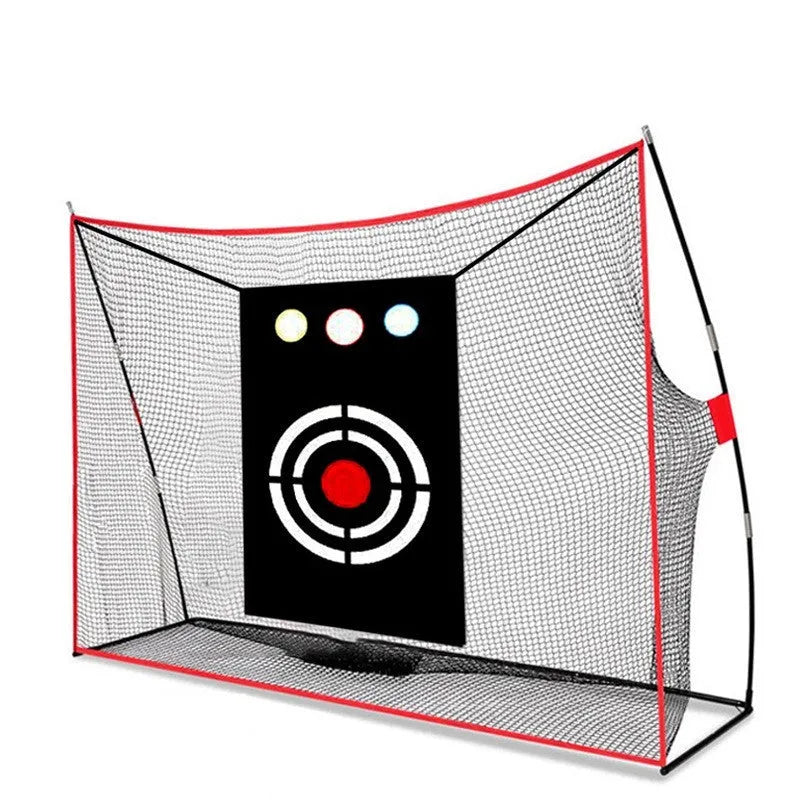Golf swing wedge training net with 3-hole target, straw mat, practice balls, and setup accessories