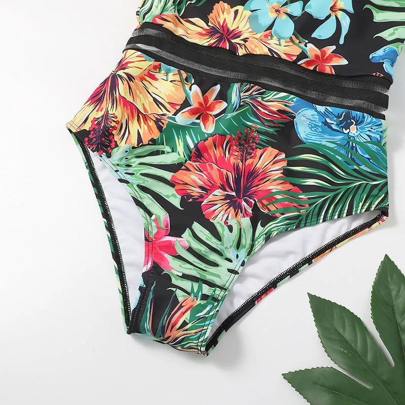 One-piece printed bikini women's swimsuit polyester waterproof black flower pattern