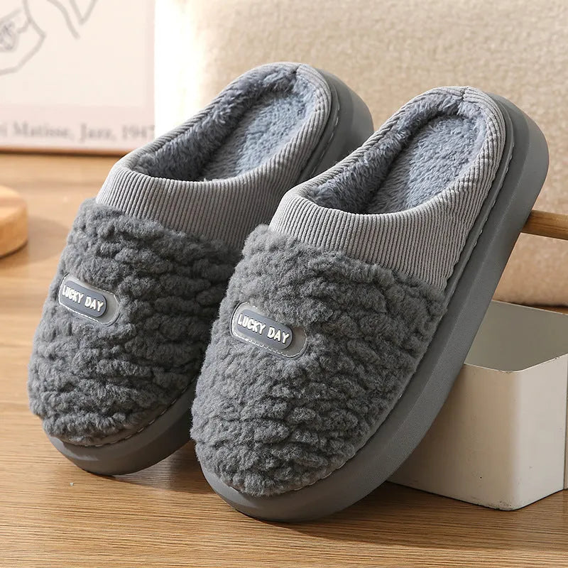 Men's grey and brown plaid rabbit hair slippers with thick EVA sole