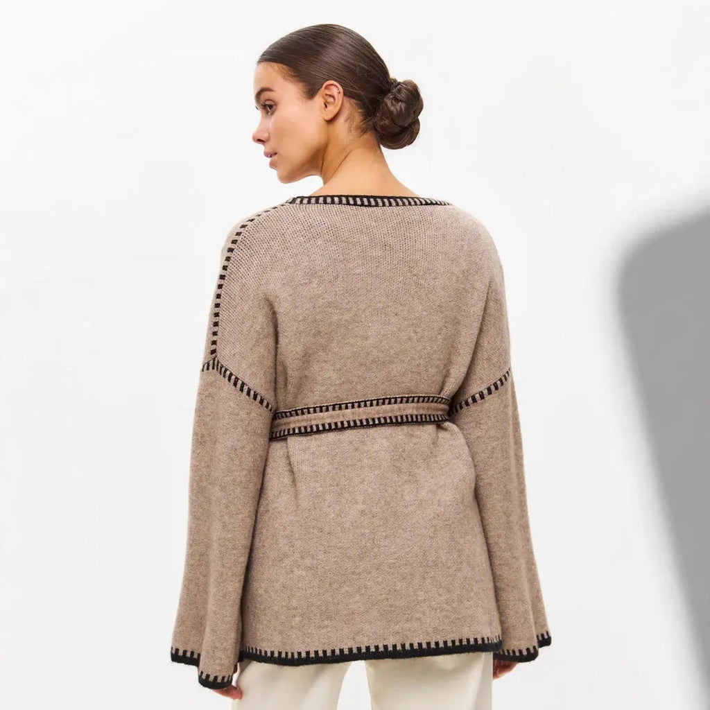 Loose lace-up knitted cardigan sweater coat in imitation cashmere, shown in camel colour