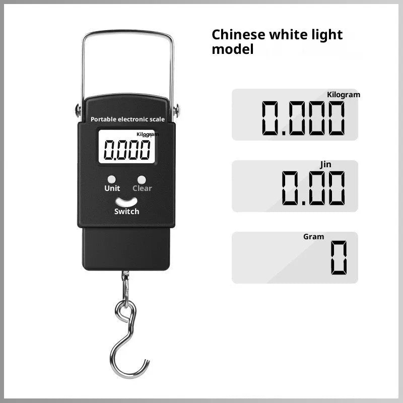 Mini handheld electronic scale with blue backlight display, 50kg capacity, plastic body, English or Chinese text option