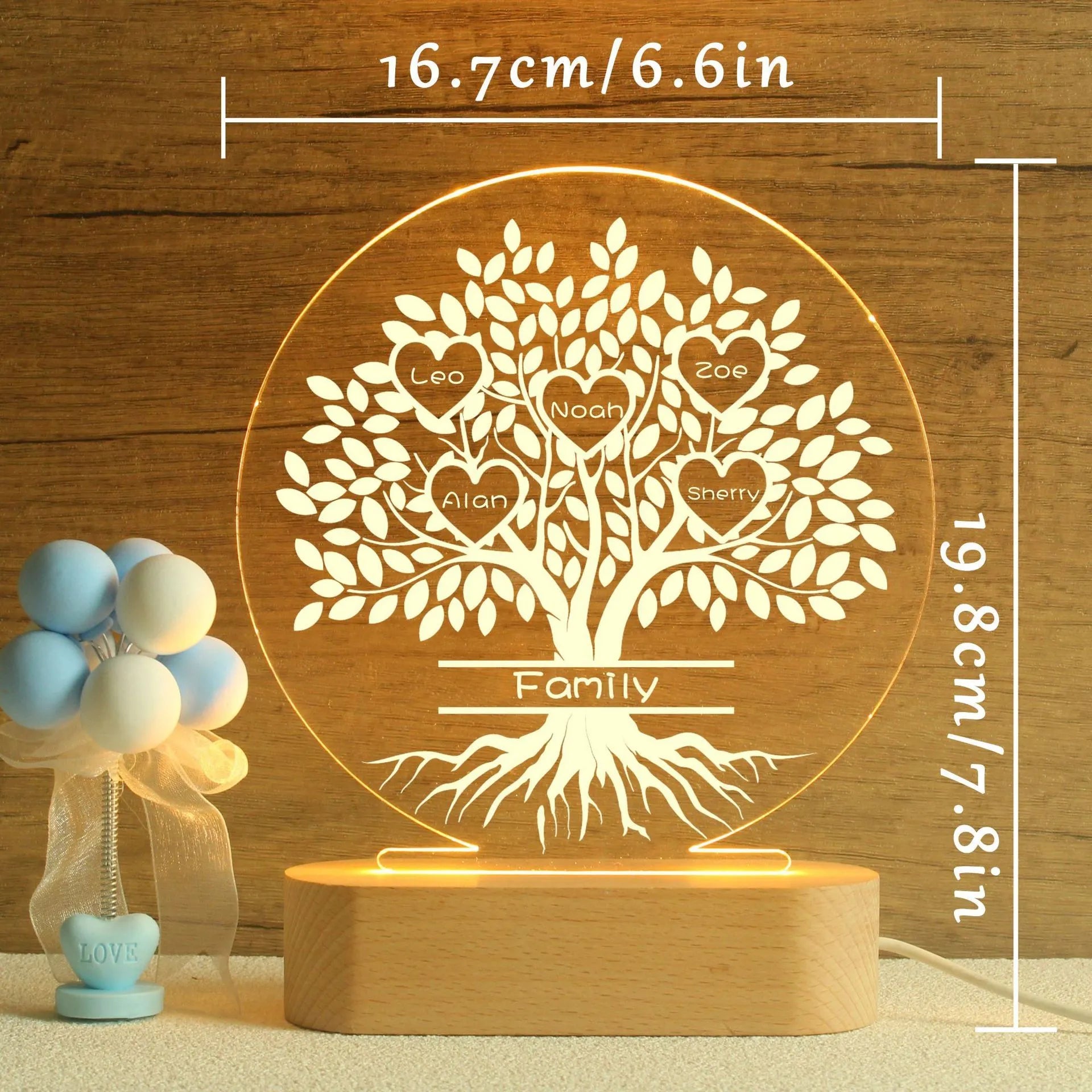Personalised family tree name UV printing USB night light 16x19 cm seven colour mode