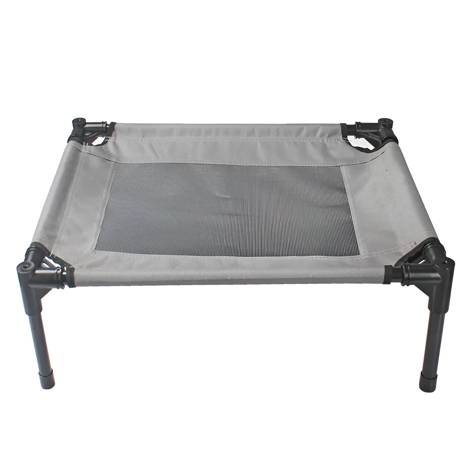 Black Oxford cloth outdoor dog bed with steel frame, shown on grass for camping use.