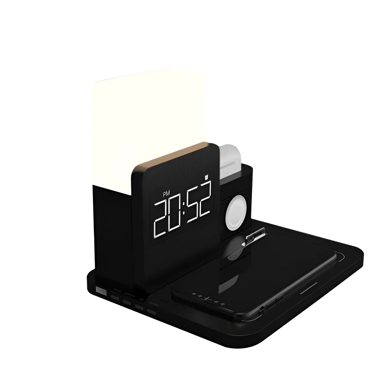 A folding 3-in-1 wireless charger stand for an iPhone, Apple Watch, and AirPods in dark green