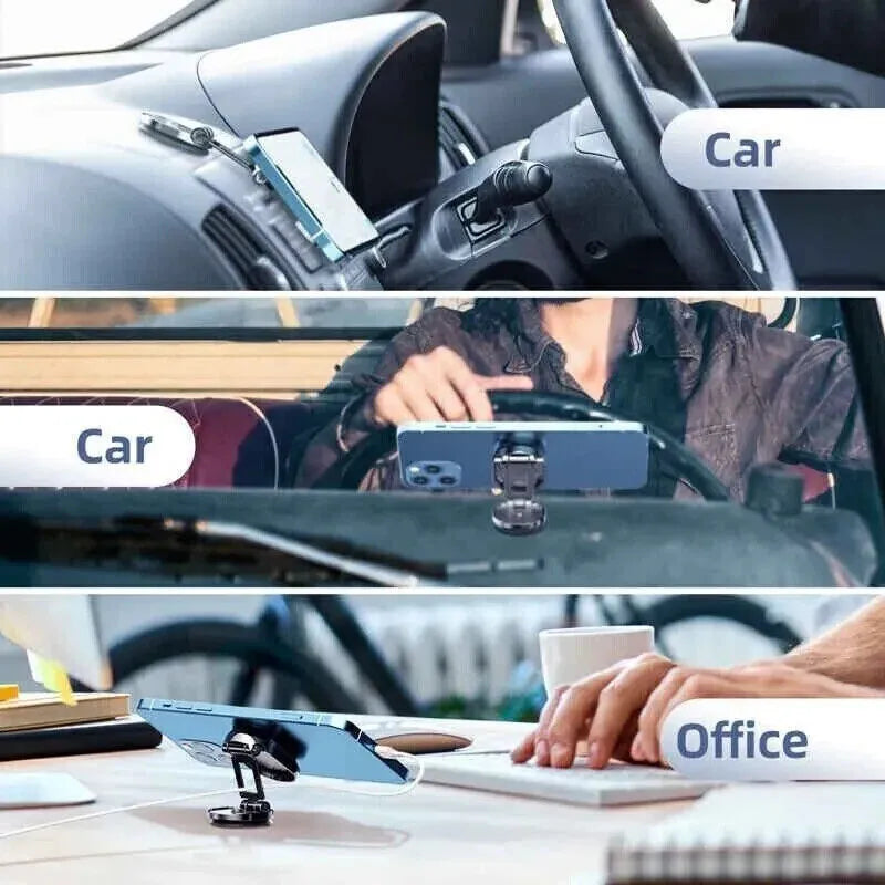 Chrome magnetic car phone holder with foldable bracket on dashboard showing 360-degree rotation
