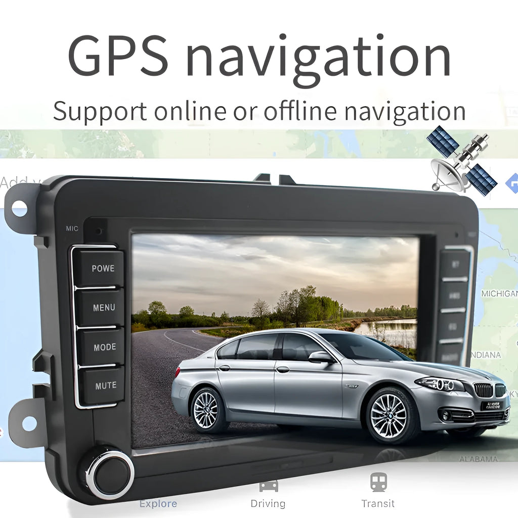 Volkswagen car dashboard with 7-inch Android touchscreen head unit showing navigation map.