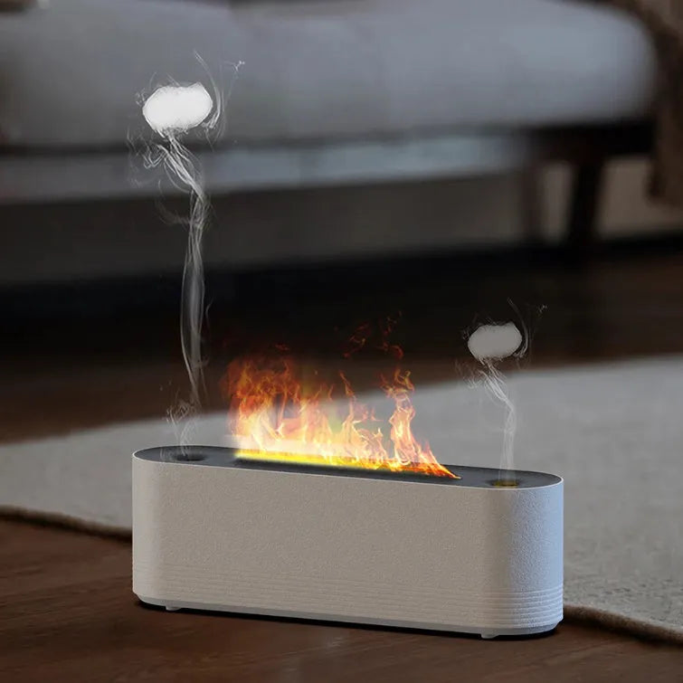 Black ultrasonic aromatherapy diffuser with LED flame lights emitting cool mist vapour