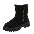Women's black thick plush high-top snow boots with a side zipper and non-slip rubber sole.