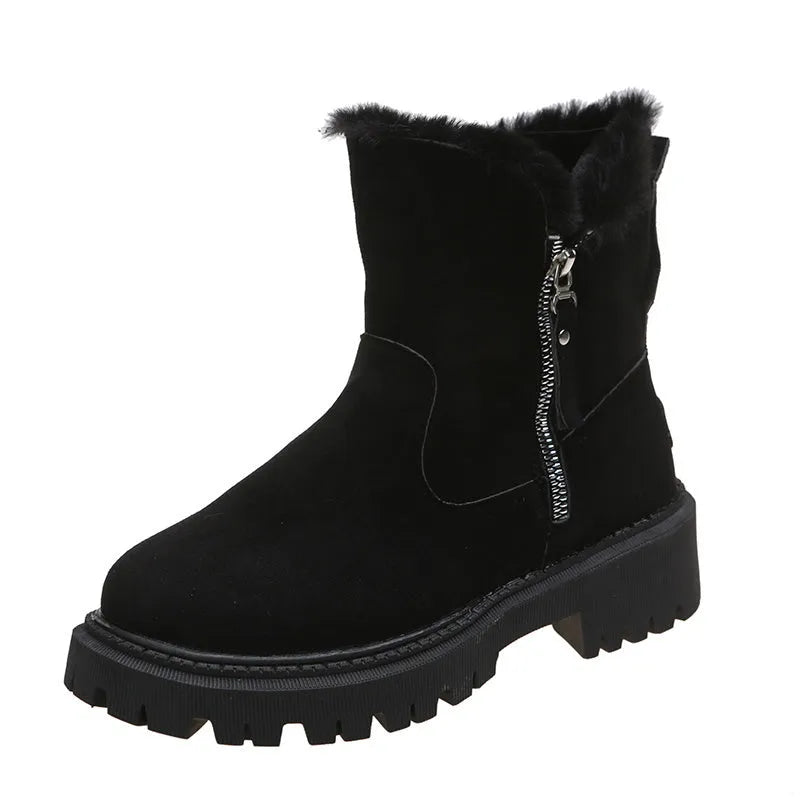 Women's black thick plush high-top snow boots with a side zipper and non-slip rubber sole.
