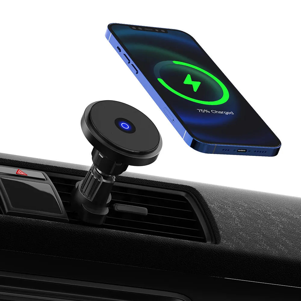Circular metal 15W magnetic wireless car charger mounted on a car air vent, showing black, blue, and silver colour options.