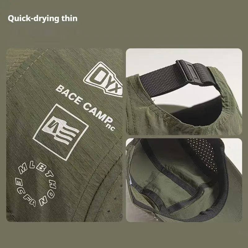 Men's adjustable baseball cap in acrylic mesh fabric shown in black, suitable for summer sun protection.