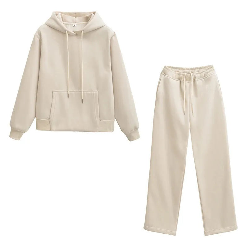 Women's hooded sweater and wide-leg pants set in solid colour beige, polyester blend, sizes S to XL