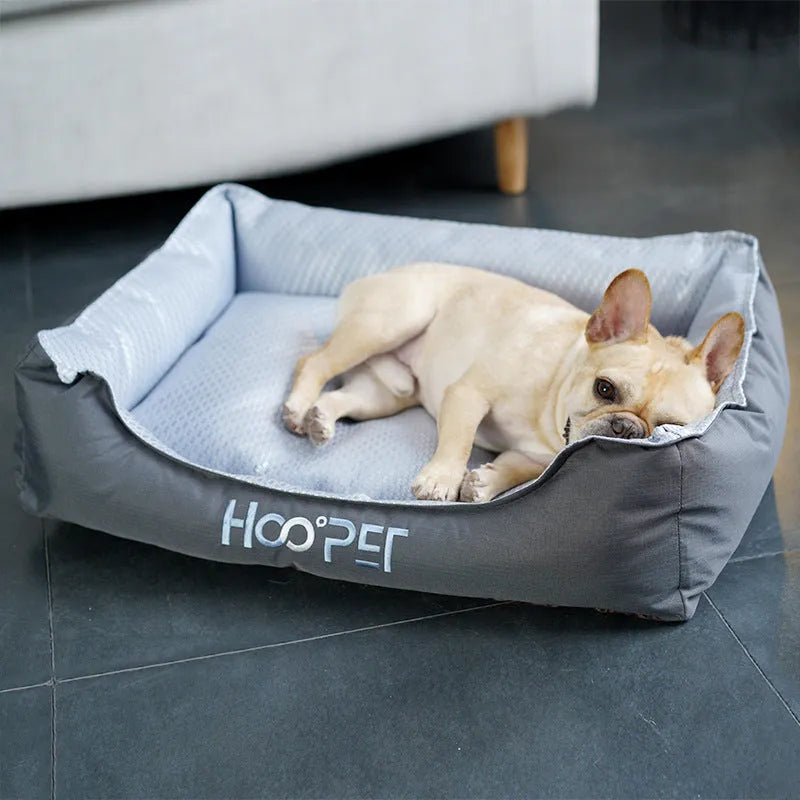Soft summer dog bed with removable cover shown in small, medium, and large sizes as a pet house nest