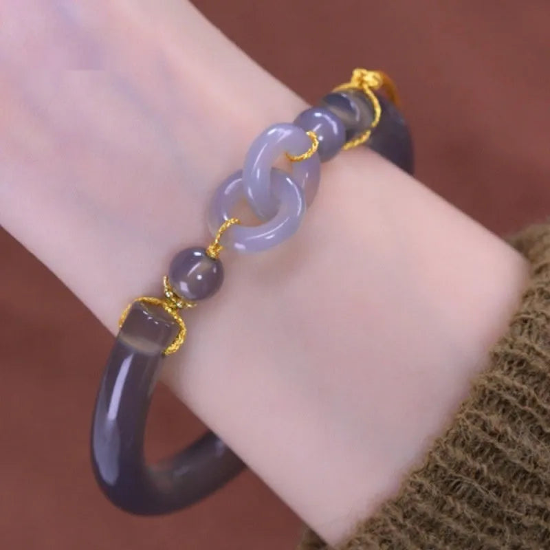 Smoke purple agate half bracelet with ring buckle clasp in grey retro style