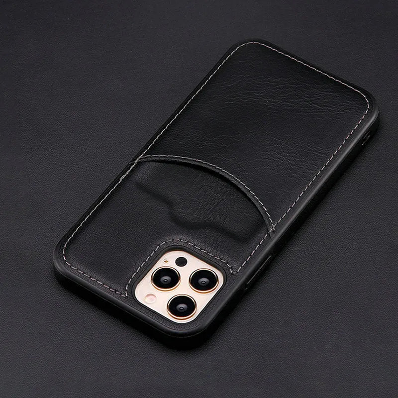 Dark blue PU leather protective case for an iPhone, showing the back and sides.