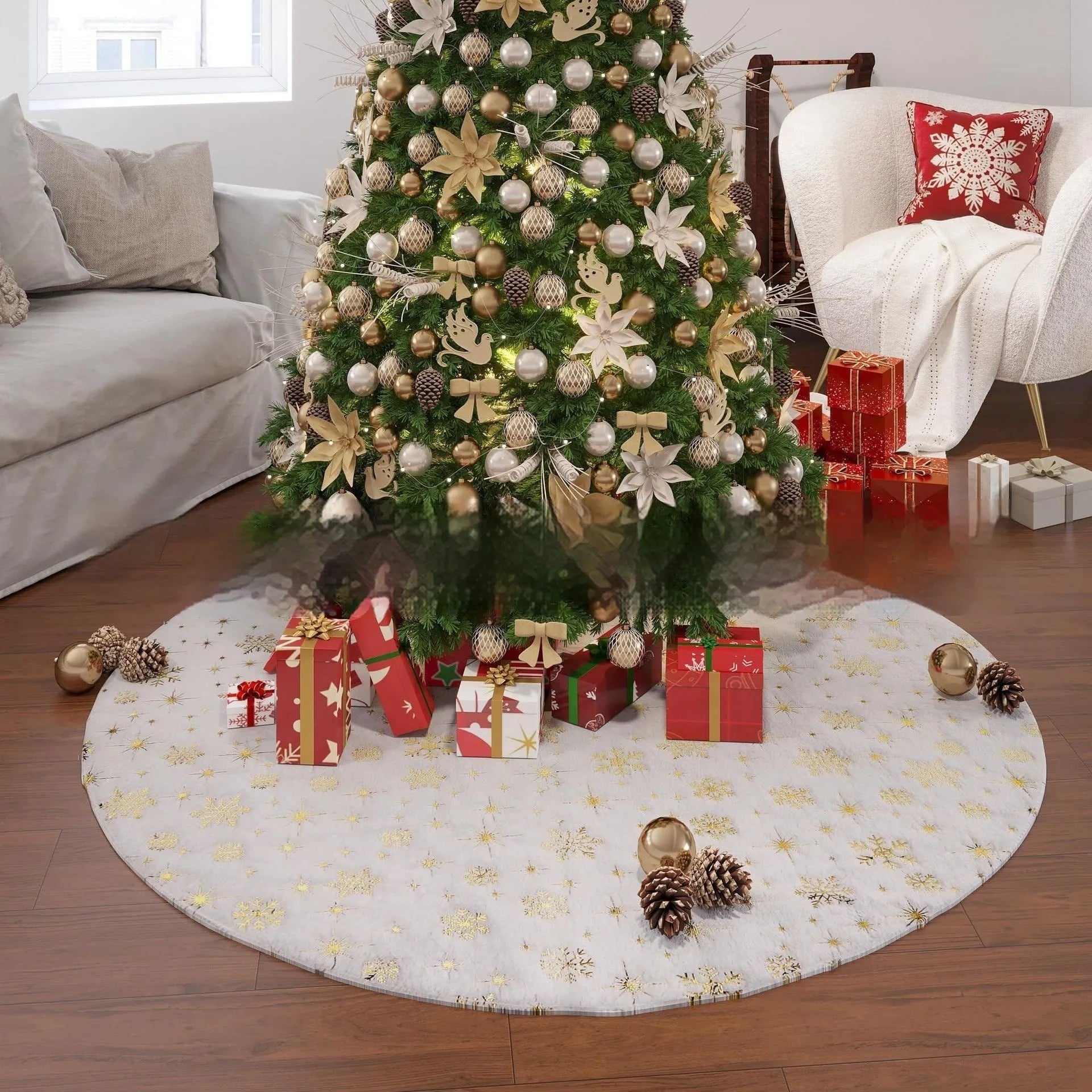 Gilding snowflake Christmas tree plush floor mat in festive red and white design.