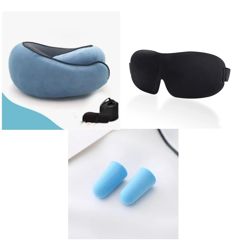 Navy blue U-shaped travel neck pillow with memory foam filling shown rolled for compact storage