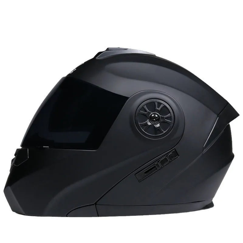 Full face ABS motorcycle helmet in matte black with black ribbon detailing, S to XL sizing options
