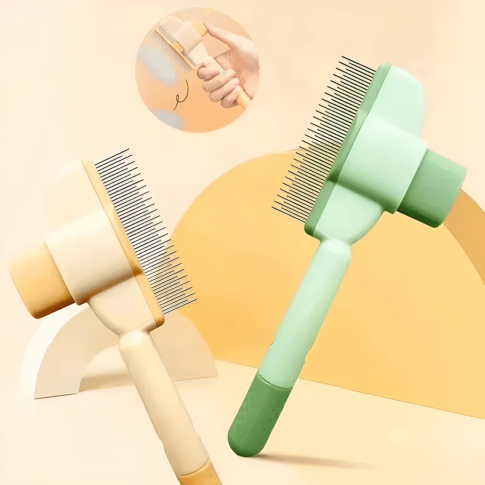 Green and yellow dog grooming brush with one-click hair removal and anti-mite function