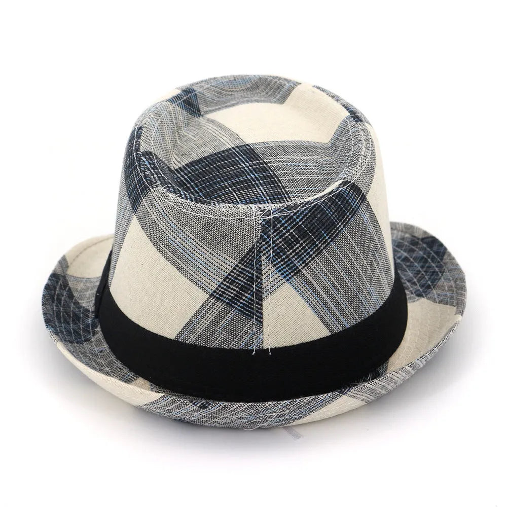 A black and blue polyester sun hat with a wide brim and bell crown for outdoor sun protection.