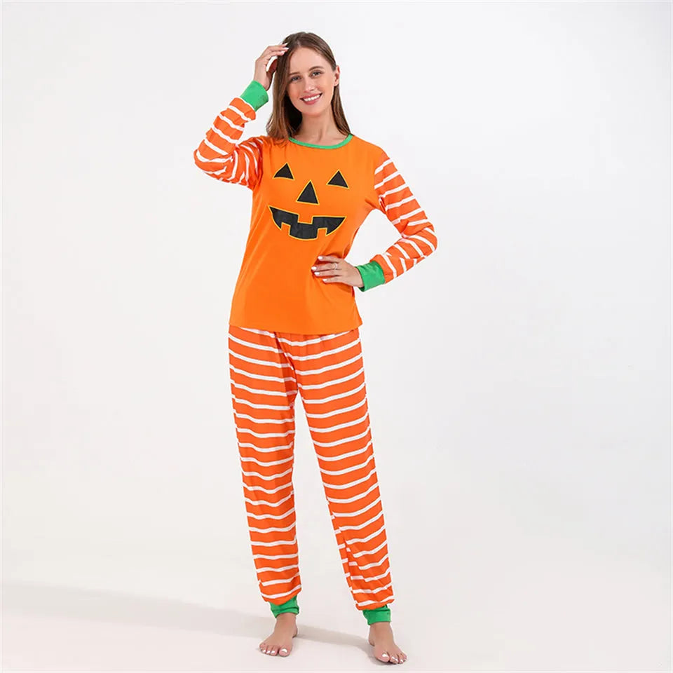 Orange cartoon print polyester family pajama set with top and trousers for Halloween