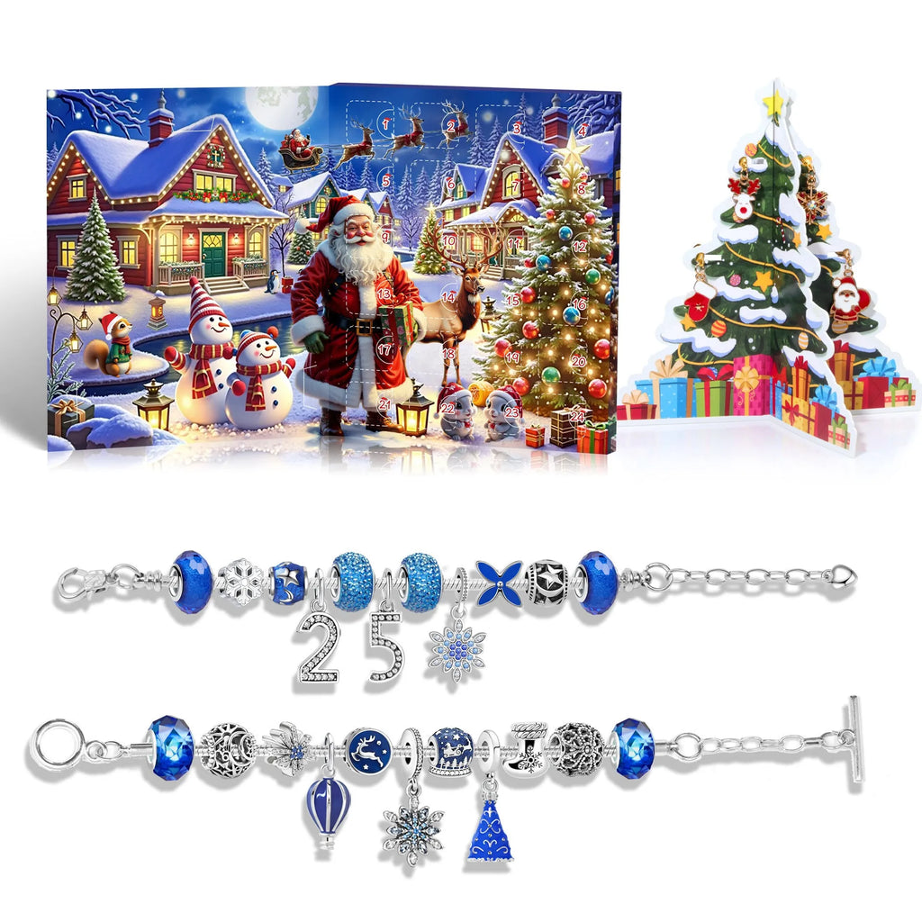 24-grid Christmas advent calendar in flip vertical blue with zinc alloy finish and bracelet blind box